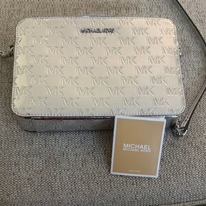 Michael Kors Metallic MK Logo Crossbody Bag – Silver